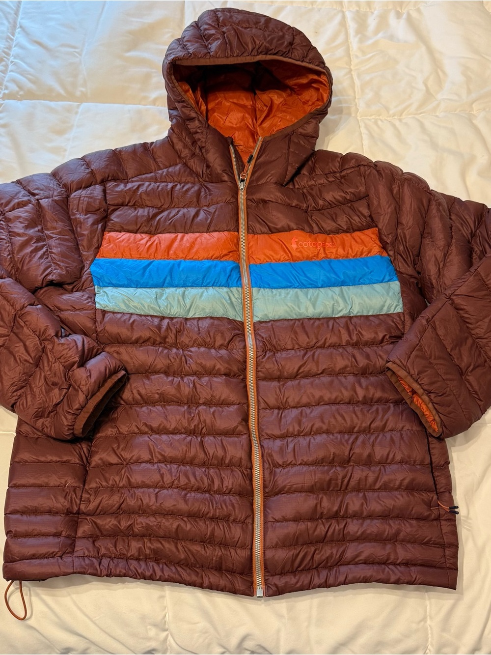 Cotopaxi Fuego Down Hooded Jacket Mens Large Burgundy Wine Striped Puffer Coat